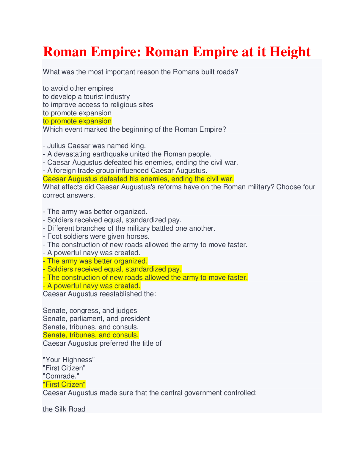 Preview image for Roman Empire: Roman Empire at it Height Exams with Correct Answers/Graded A+